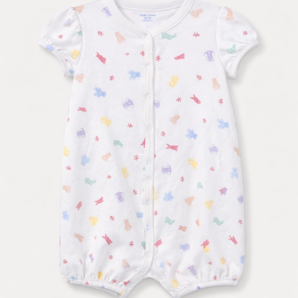 Pristine Ralph Lauren Polo Baby Girls Bear Bunnies Shortall Romper Size: 9M